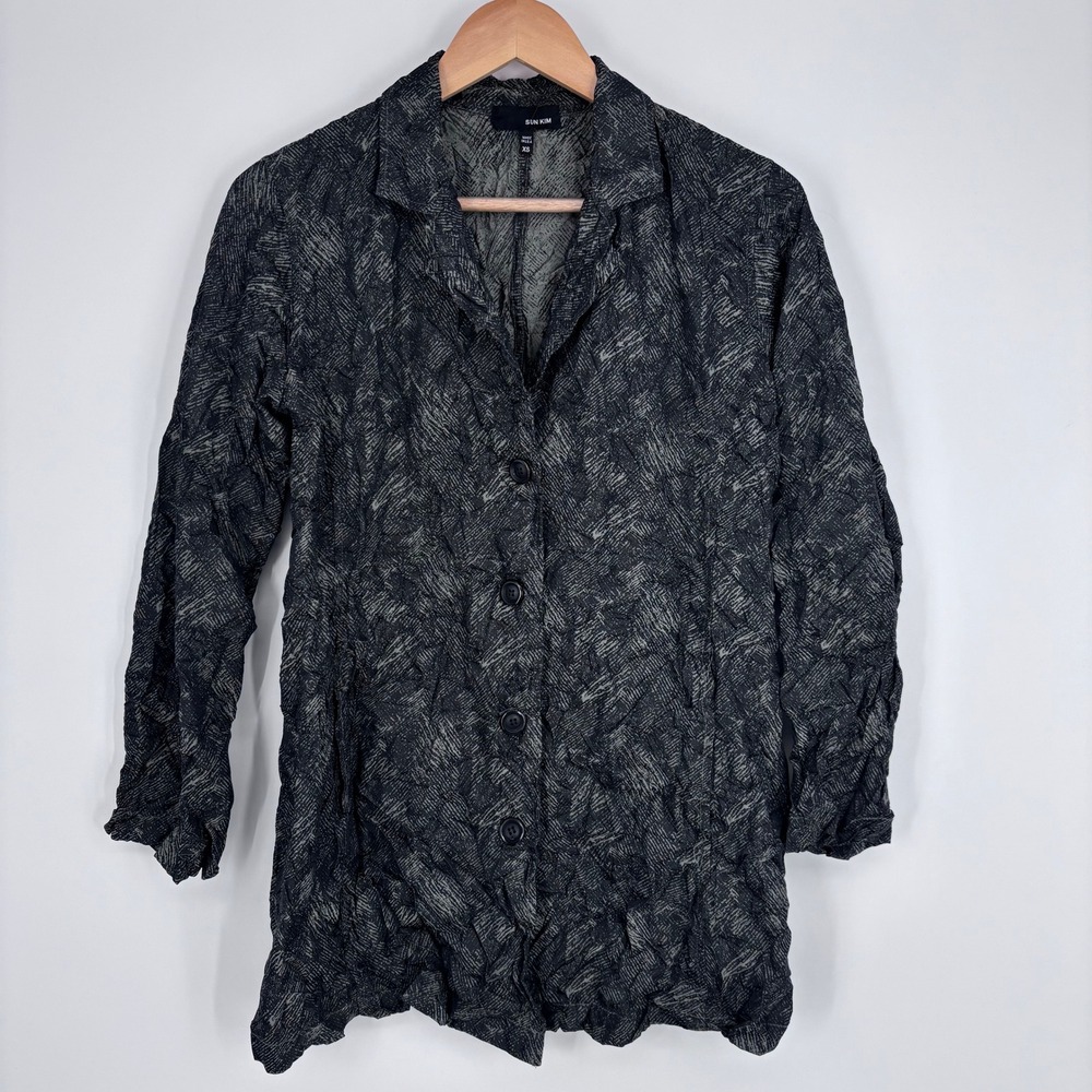 Sun Kim Boyfriend Crinkle Jacket Womens XS Black Textured Lagenlook Artsy USA